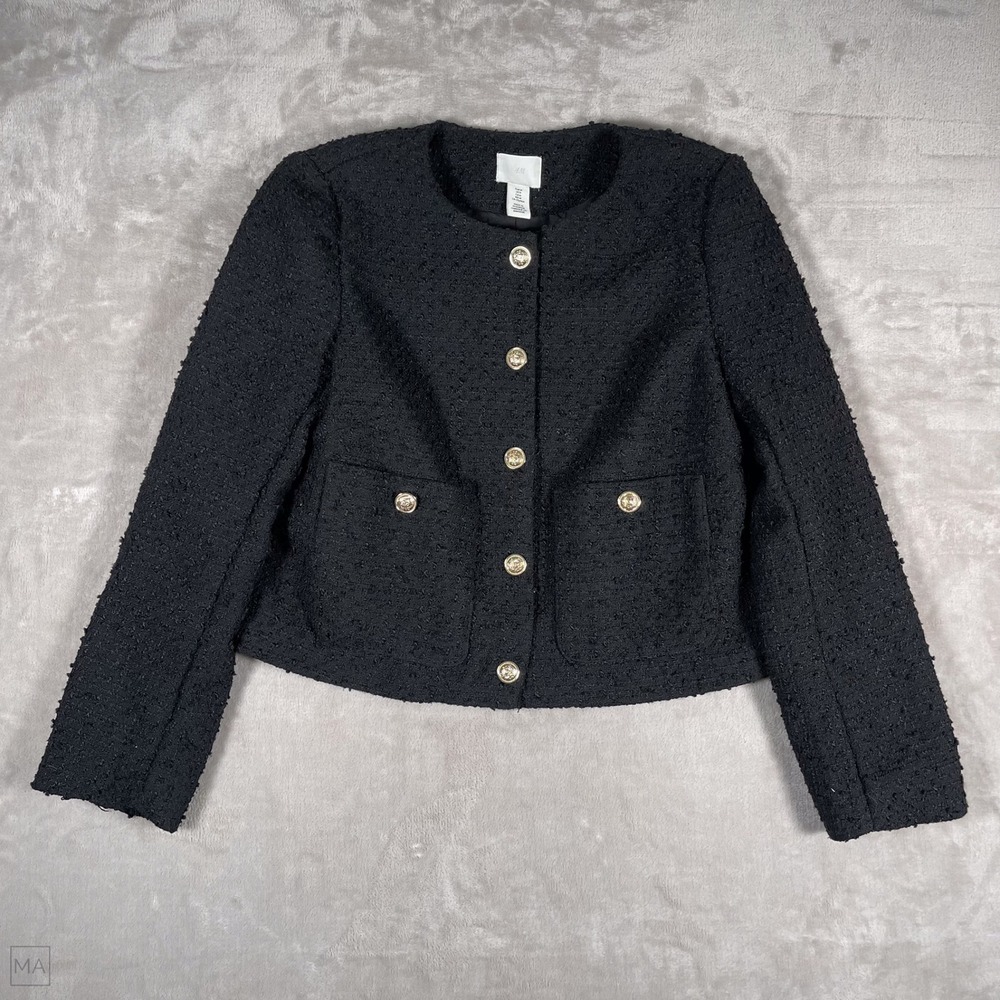 H&M Women's Jacket Tweed Gold Buttons Old Money Office Career M Black
